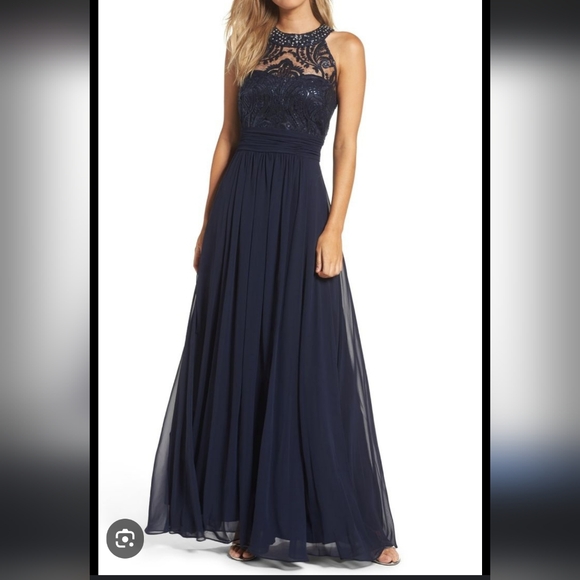 Elegant Beaded NAVY Evening Gown 12 Pre-owned - Picture 1 of 13
